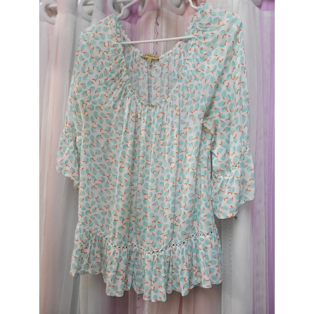 Democracy Womens Large Apple Print Peasant Blouse Teal Orange Ruffle Lace 905
